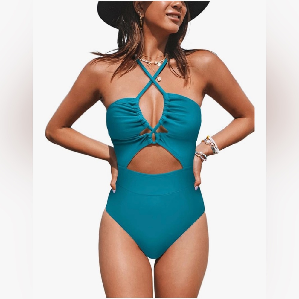 Teal Cutout One-Piece Swimsuit with Criss-Cross Halter